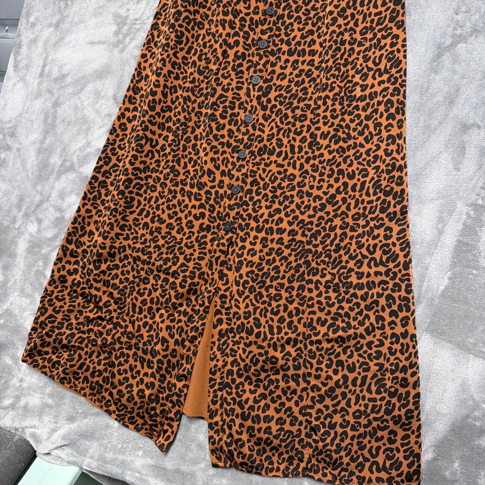Good American Leopard Print Midi Dress Womens 3 Large Brown Button Front Smocked - Picture 3 of 12